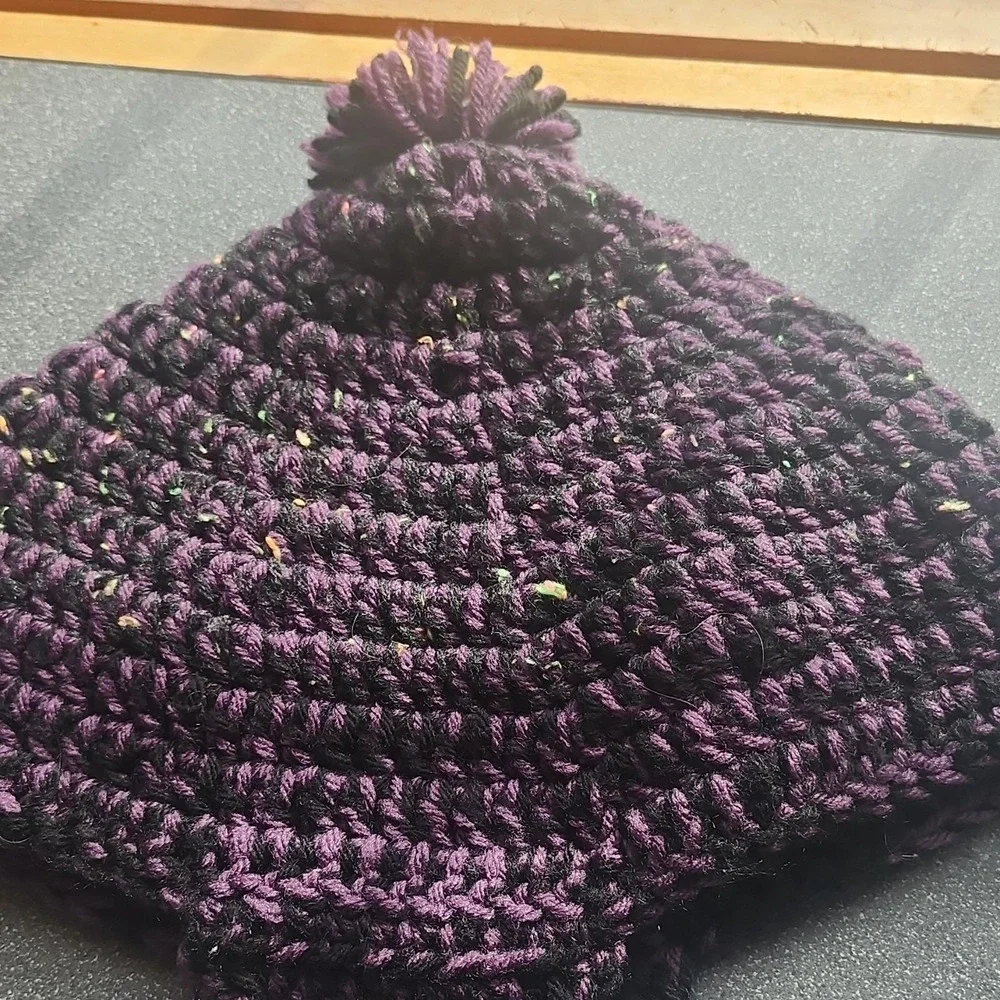 Handmade‎ Purple and Black Crochet Hat with Ear Flaps and Pom-Pom